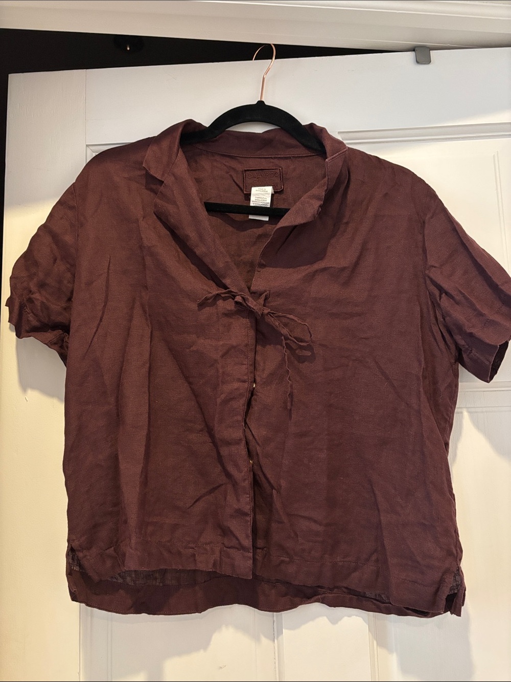 Calypso St. Barth Plum Tie-Front Short Sleeve Linen Top